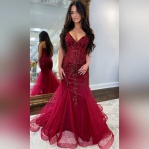 2XL Plum Red Burgundy Elegant Burgundy Sequin Lace Mermaid Prom Gown